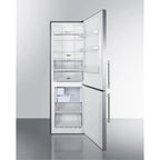European counter depth bottom freezer refrigerator with stainless steel doors, platinum cabinet, factory installed icemaker, and digital controls for each section
