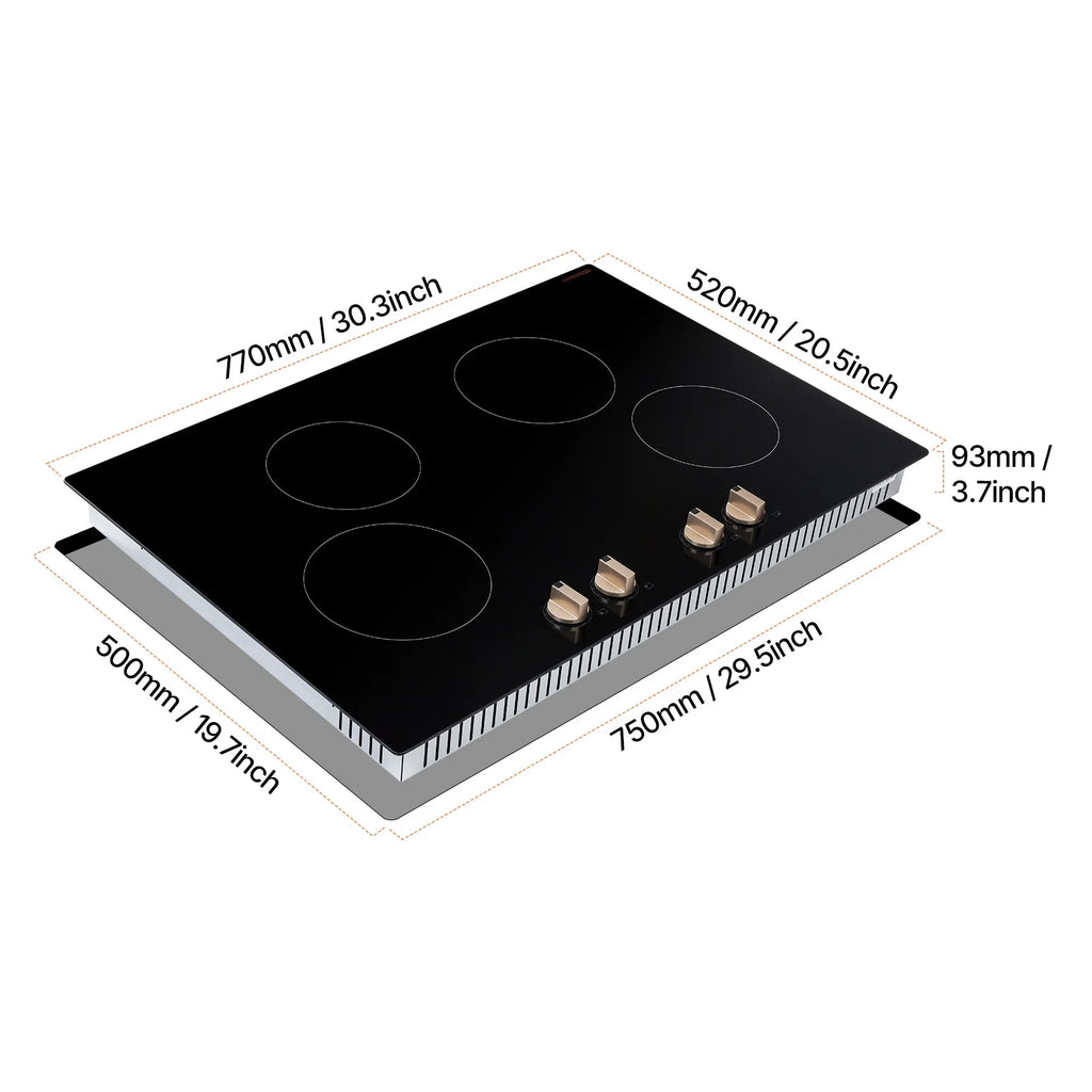 KFFKFF Induction Stove, 6600W 5 Burner Built-in Electric Cooktops, with Knob Control, 12 Heat Settings, Glass Top, Automatic Power Off