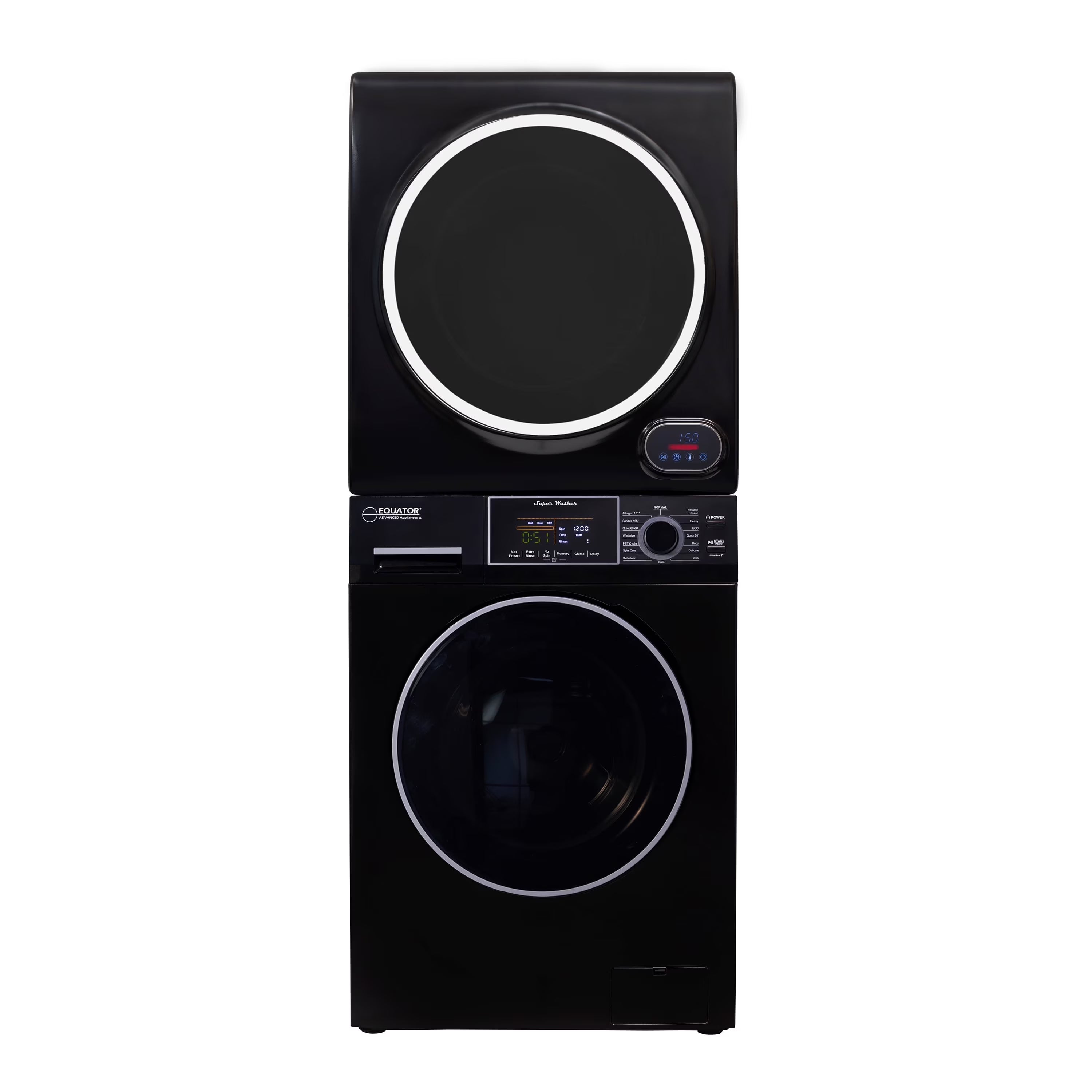 Equator 110V 1.6 cf Washer w/ Pet Cycle & 110V 3.5cf Vented Digital Sensor Dryer in Black