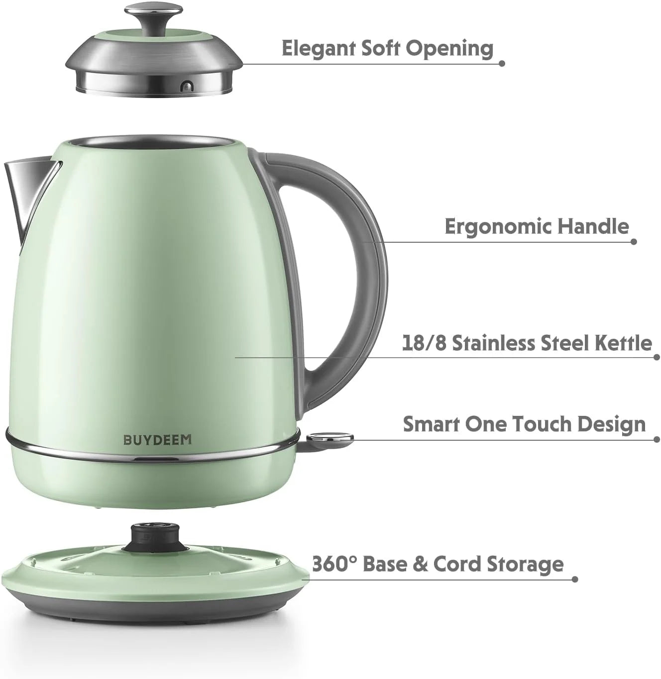 BUYDEEM K640N Stainless Steel Electric Kettle with Auto Shut-Off & Boil Dry Protection, 1.7L Cordless Hot Tea Water Boiler with Swivel Base, 1440W Fast Heating
