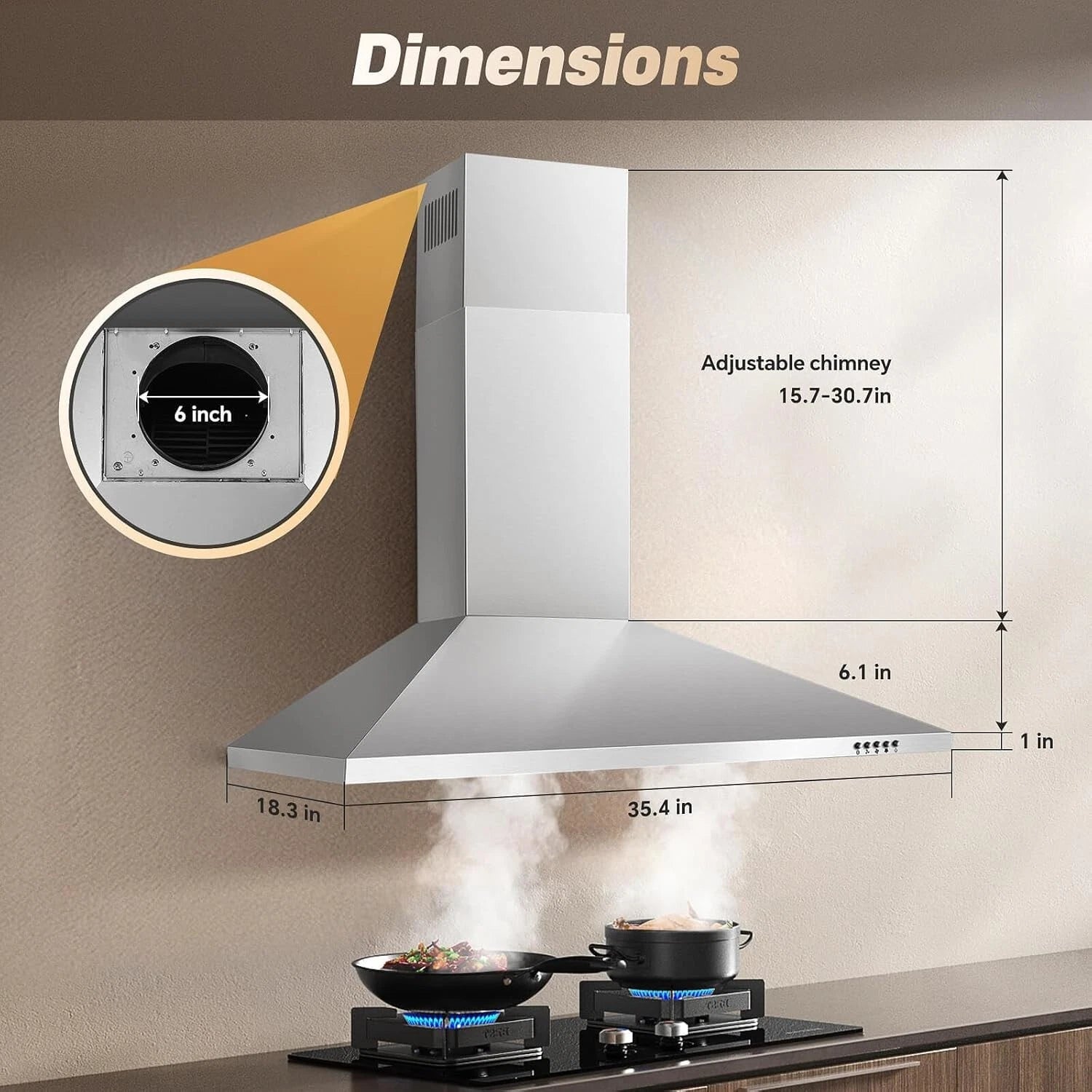 36 Inch Range Hood 450CFM Wall Mount Stainless Steel Kitchen Vent Hood Fan 3 Speed LED Light Chimney Hood Retractable