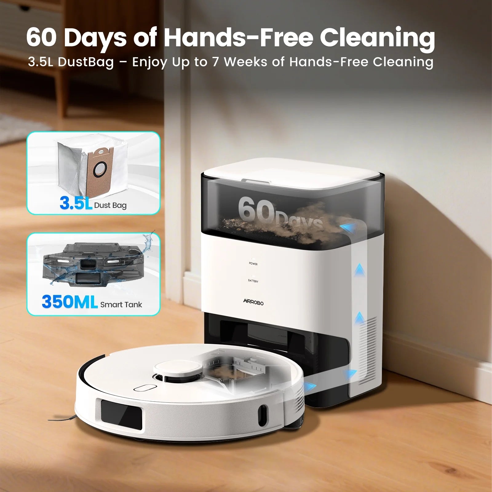 AIRROBO L60+ Self-Empty Robot Vacuum and Mop Cleaner with Ultrasonic Carpet Detection,6000Pa Suction,Laser Obstacle Avoidance,240min Long Runtime