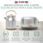 Haden Heritage 1.7 Liter Electric Kettle with 2 Slice Bread Toaster, White