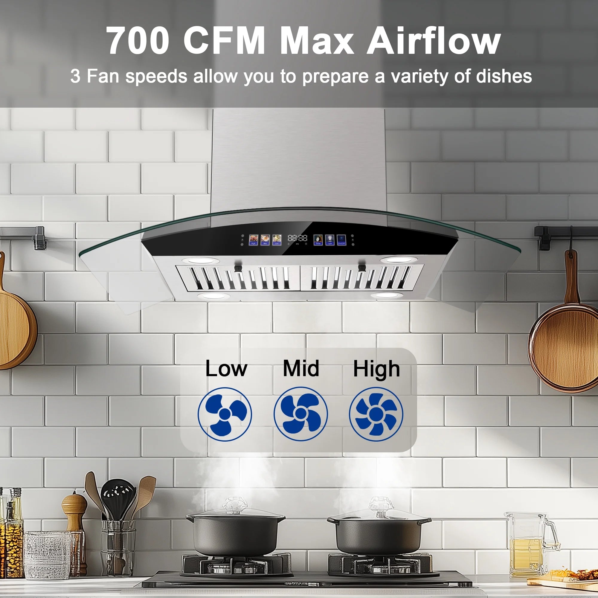 30 inch Stainless Steel Island Mount Range Hood 700 CFM, 120V Exhaust Fan, 3-Speed 65dB, Gesture Control & LED Lights?