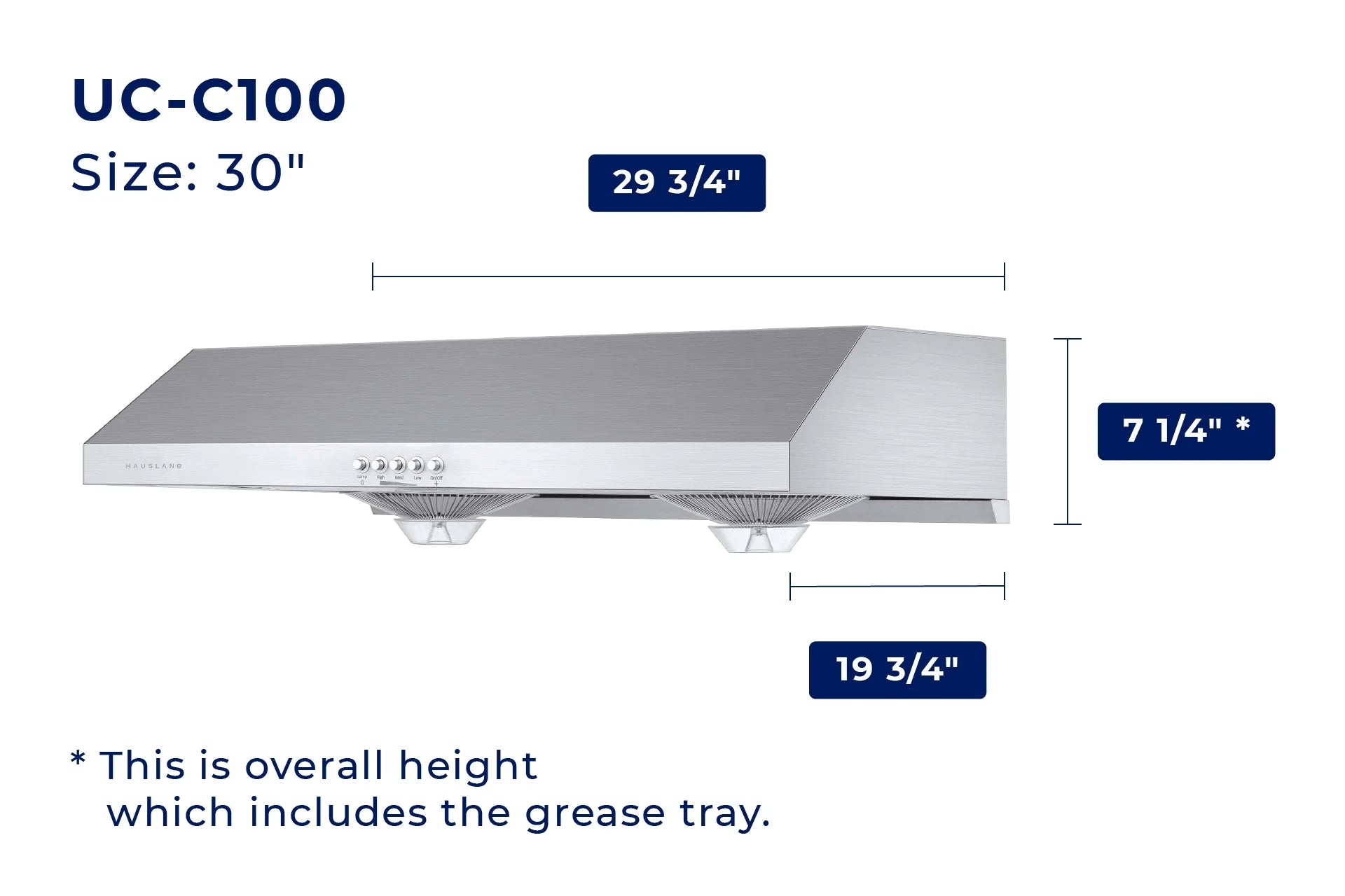Hauslane Chef Series C100 30-inch Under Cabinet Range Hood, Stainless Steel, Energy Efficient LED, 6 Inch Duct