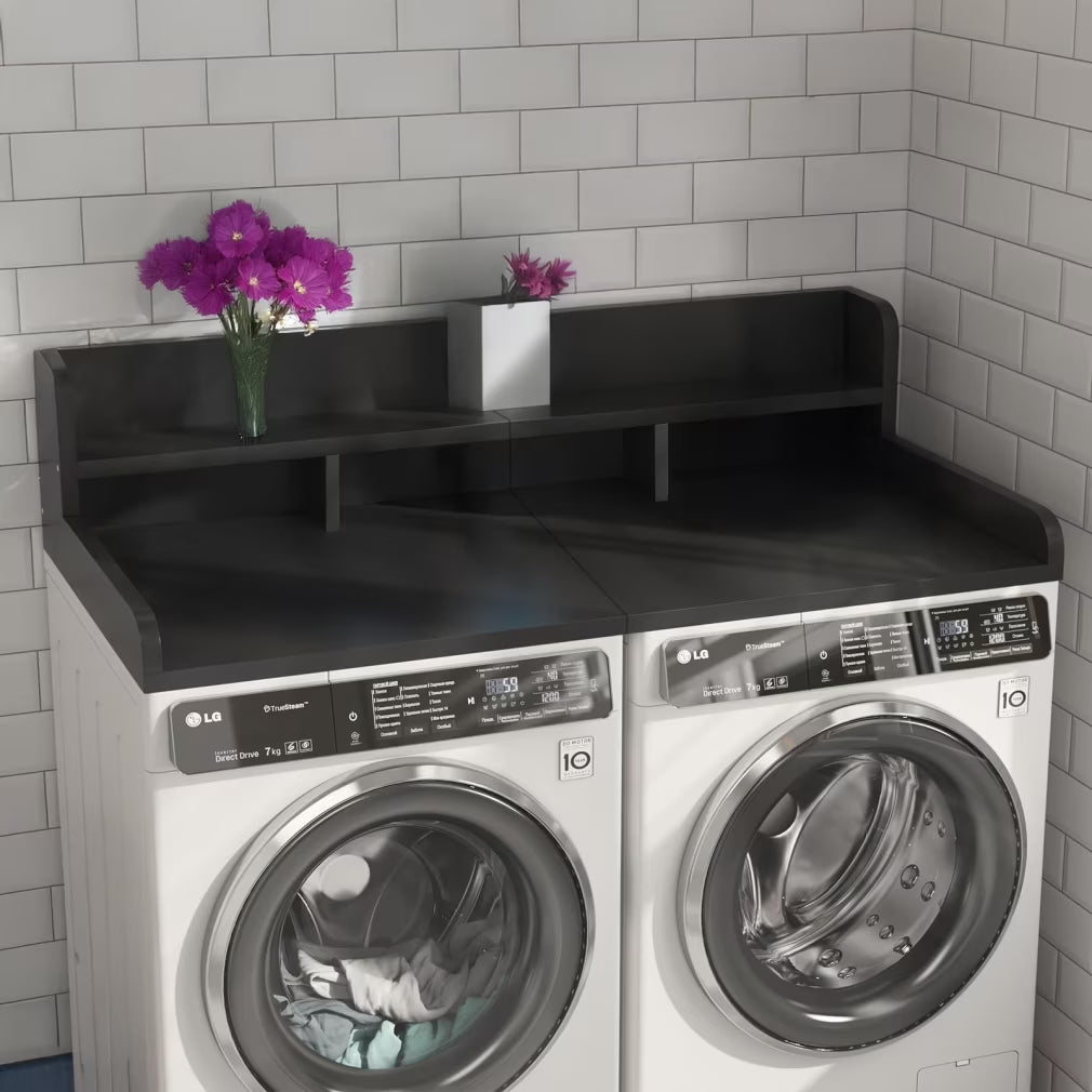 Modern Washer Dryer Countertop with 2-Tier Shelf,Laundry Room Countertop Organization Storage with 2.75" H Guard Edge Rails,Non-Slip Pad,Waterproof and Easy to Clean,54"W x 27.55"D,Natural Wood