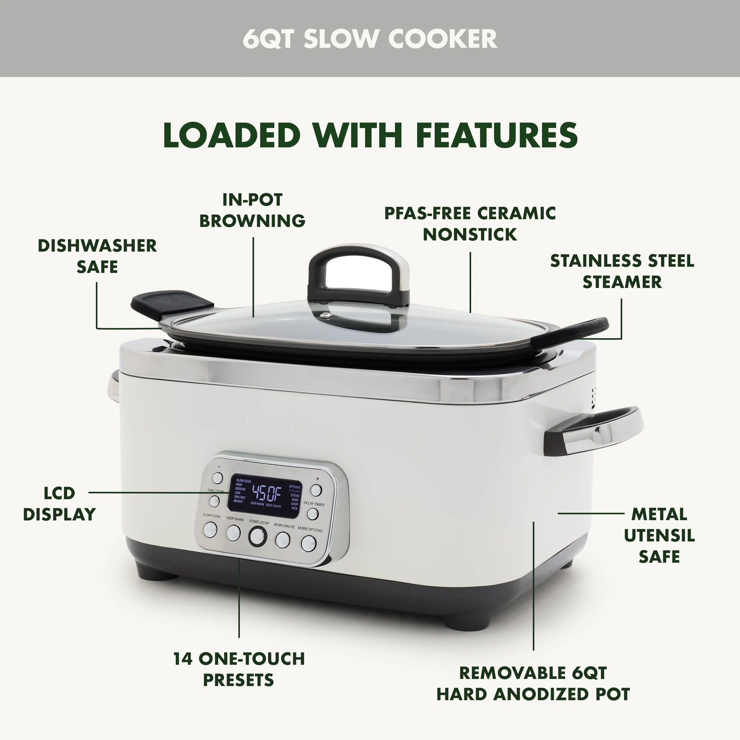 GreenPan 6-Quart, 14-in-1 Slow Cooker, Family Size, Ceramic Nonstick, Dishwasher Safe Parts, Black