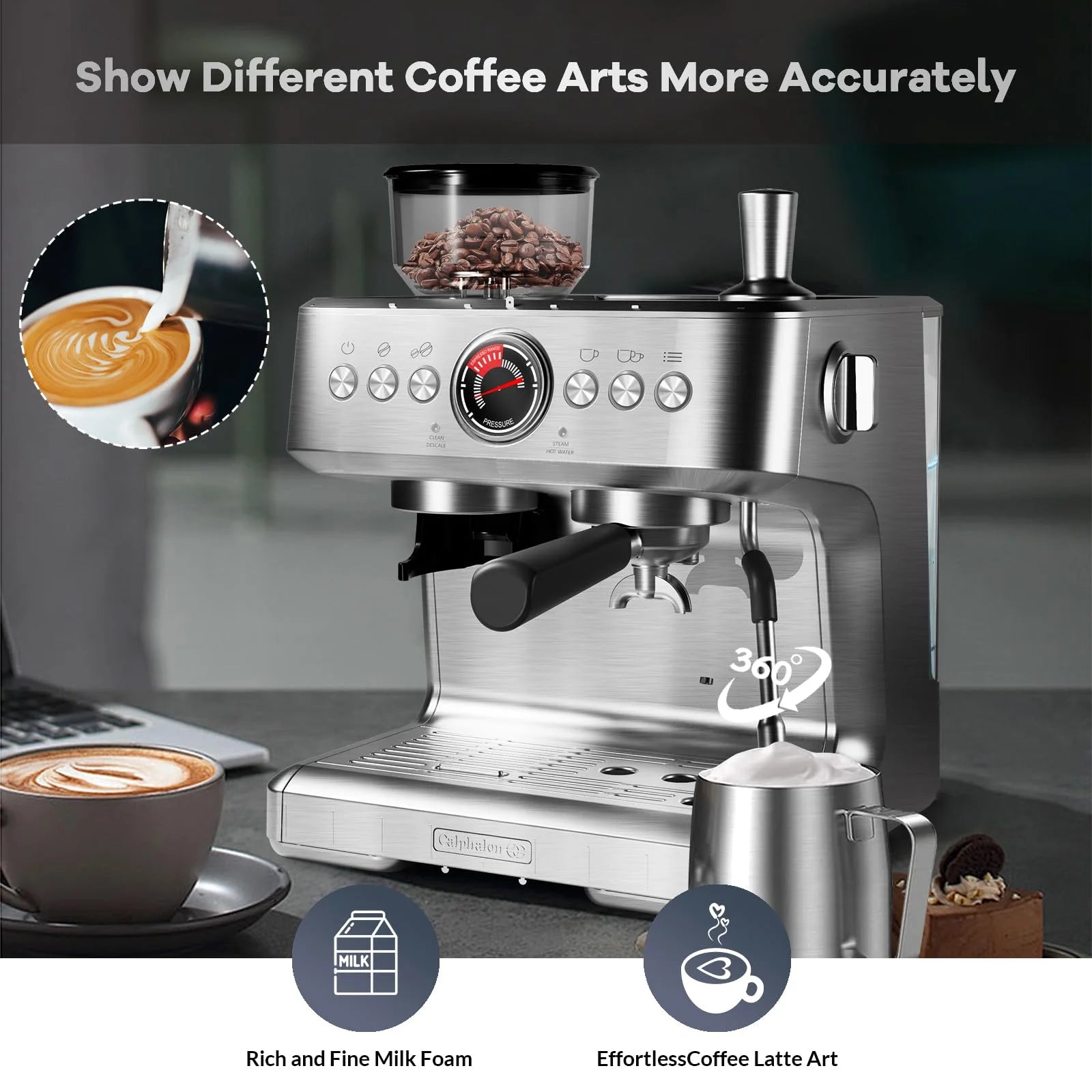 Danolapsi Espresso Coffee Machine,Espresso Machines with Grinder,20 Bar Professional Coffee Maker with Milk Frother Steam Wand,2.8L Water Tank,15 Grinding Setting Espresso Cappuccino/Latte Maker
