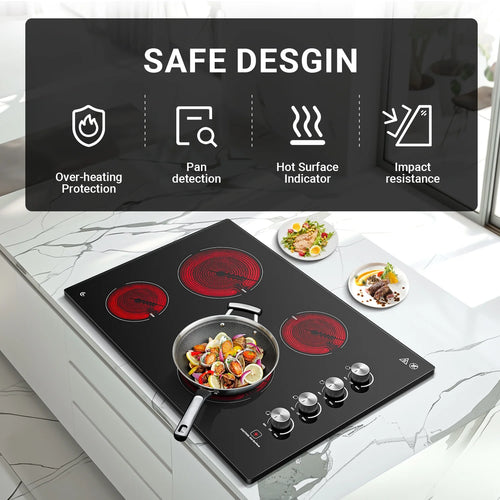 30 Inch Electric Cooktop 4 Burners, Sumaki Built-in Electric Burner with 4 Burners, 240V Power Control by Knob, 7000W Electric Stove with Hot Surface Indicator