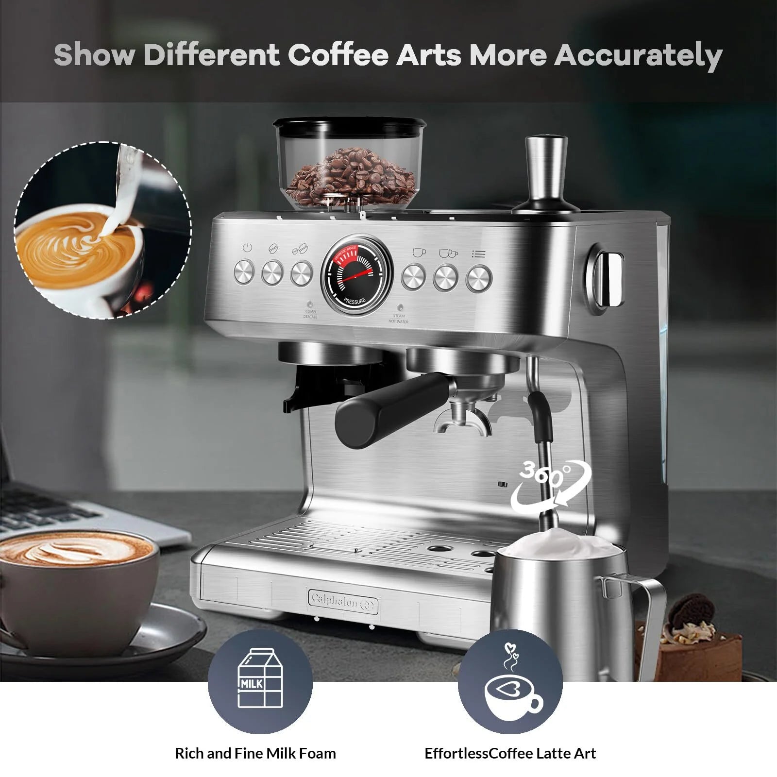 Espresso Machine with Built-in Grinder,Italian ULKA 15 Bar Espresso Machine - 85oz Water Tank, Dual PID Control, Milk Frother & Auto-Cleaning for Perfect Lattes and Cappuccinos