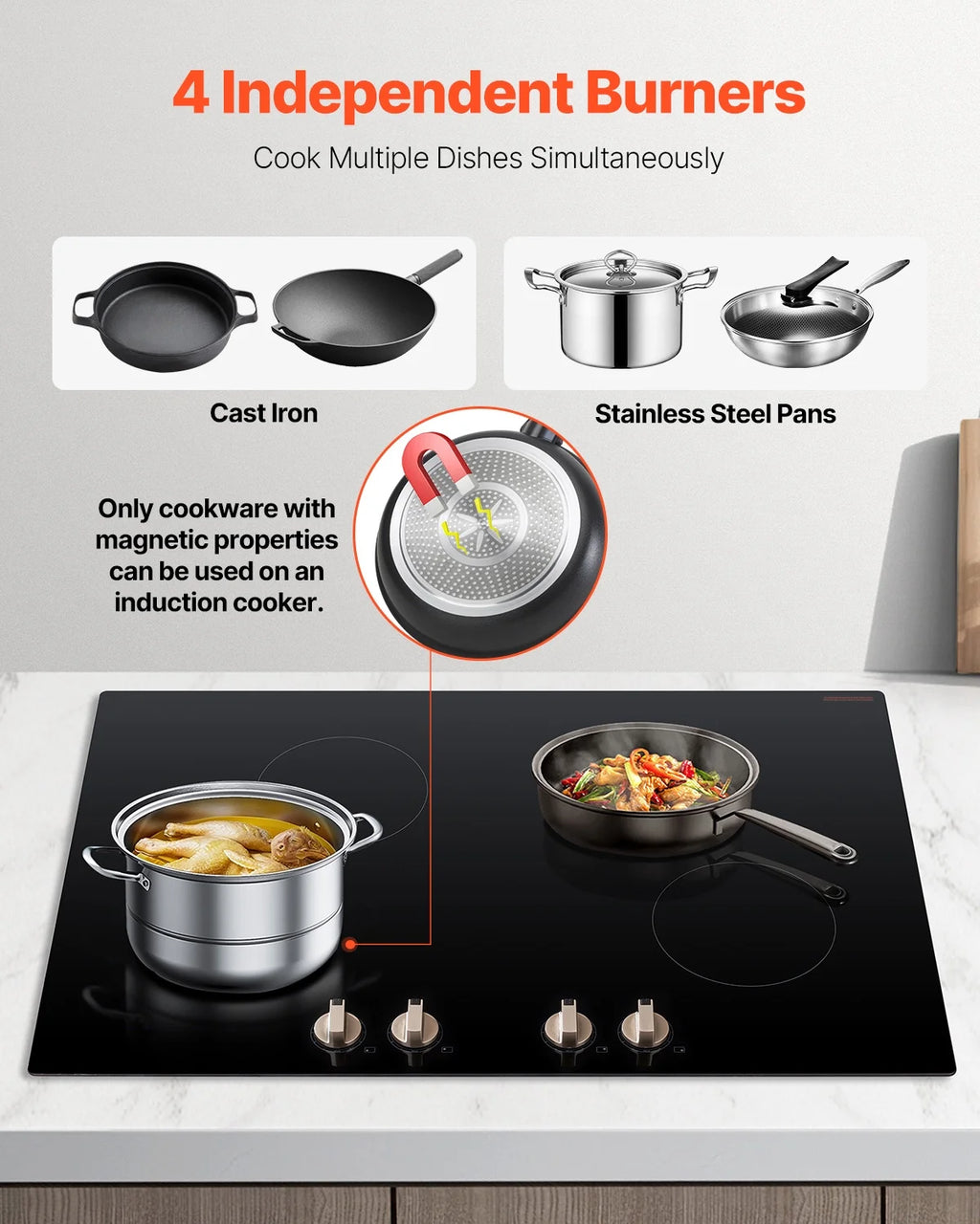 KFFKFF 4 Burner Built-in Electric Cooktop, 6600W 30" Built-in Top Electric Stove, with Knob Control, Temperature & Power Levels, Glass Top, Independent Control for Different Pots
