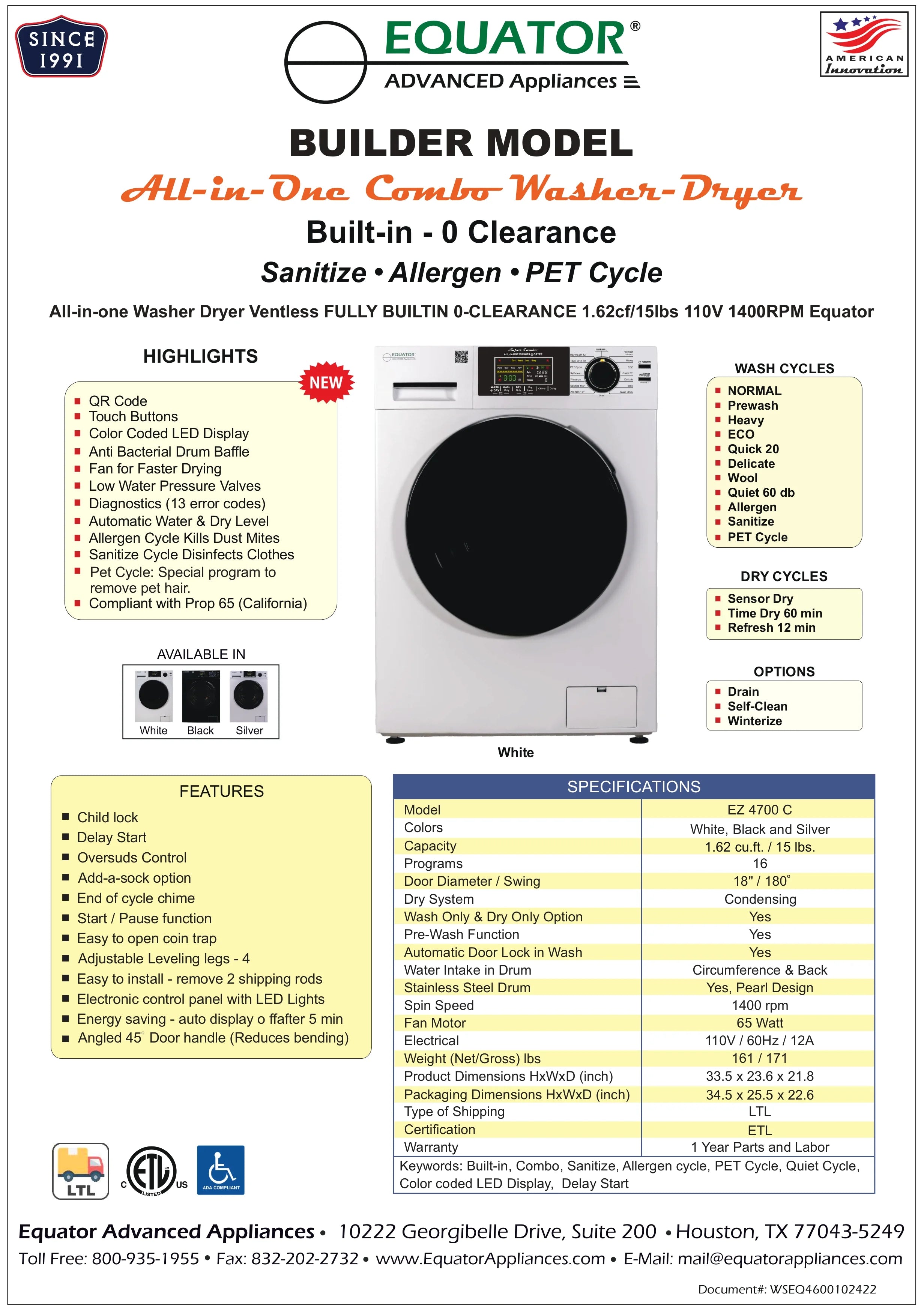 Equator Advanced Appliances Equator Fully Built-in All-in-One Combo Washer-Dryer Ventless