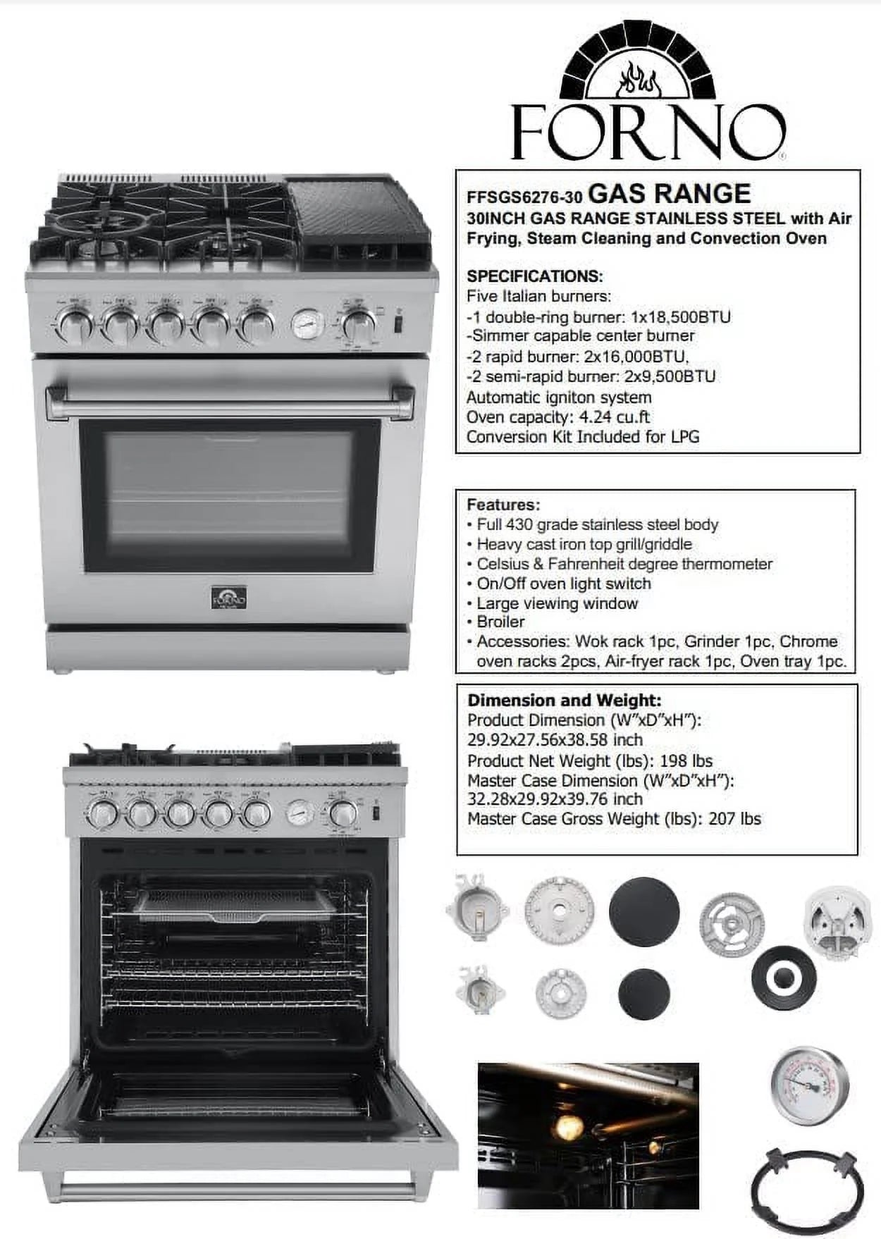 Forno Lazio 30-Inch Freestanding Gas Range, 4 Burners, Convection Oven, Energy Efficient