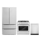 Cosmo 3 Piece Kitchen Appliance Packages with 36" Freestanding 220/240V Dual Fuel Range Kitchen Stove 24" Built-in Fully Integrated Dishwasher & French Door Refrigerator Kitchen Appliance Bundles