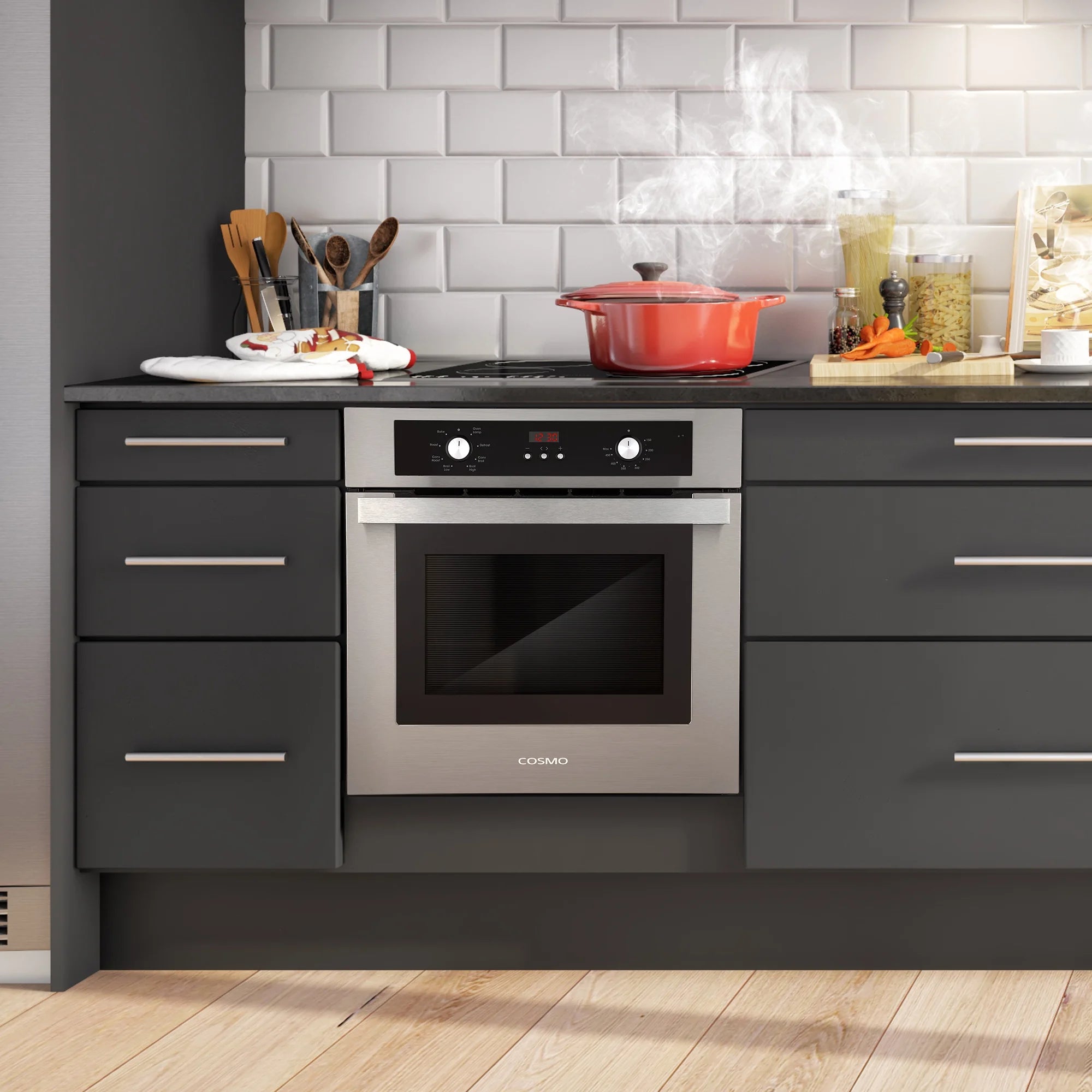 Cosmo 5 Piece Kitchen Appliance Package With 30" Electric Cooktop 24" Single Electric Wall Oven 30" Over-the-range Microwave French Door Refrigerator & 24" Built-in Fully Integrated Dishwasher
