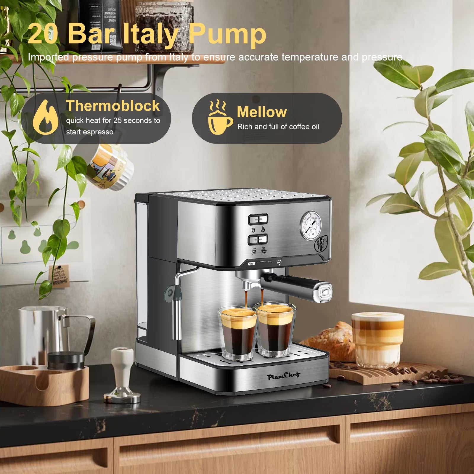 20 Bar Espresso Machine with Milk Frother, Single & Double Shot, ESE Pod Compatible, Removable Water Tank for Cappuccino, Latte, & Machiato for Home Barista