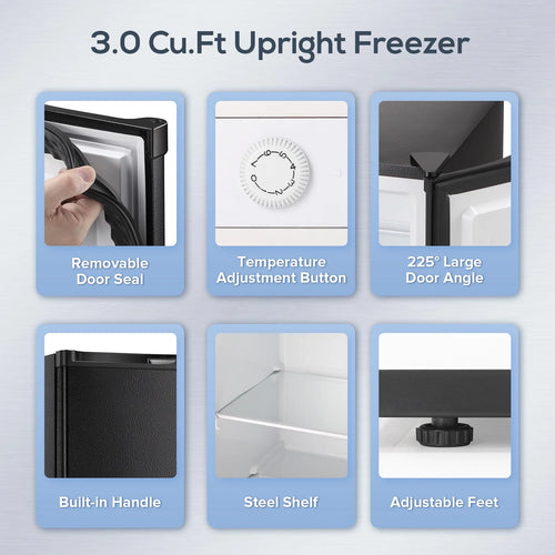 Auseo 3 Cu.ft Single Door Freezer, Compact Mini Freezer with Reversible Door for Kitchen, Apartment, Basement, Dorm, Black