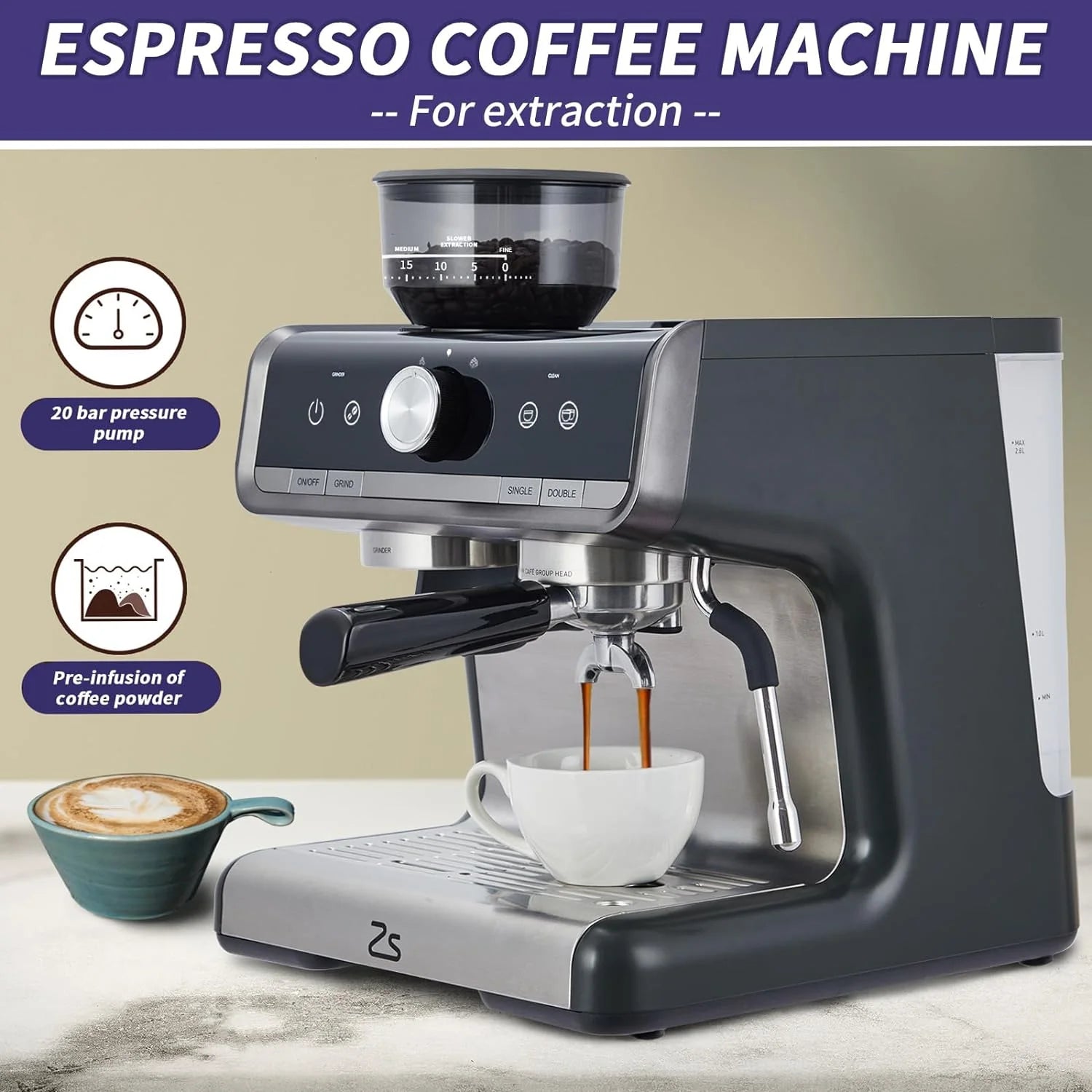 COZONY Espresso Machine 15 Bar, 2.5 L Water Tank, Semi Automatic Coffee Maker with Grinder, Milk Frother/Steam Wand, Italian Pump, All-in-One Espresso Machine, Stainless Steel, Silver