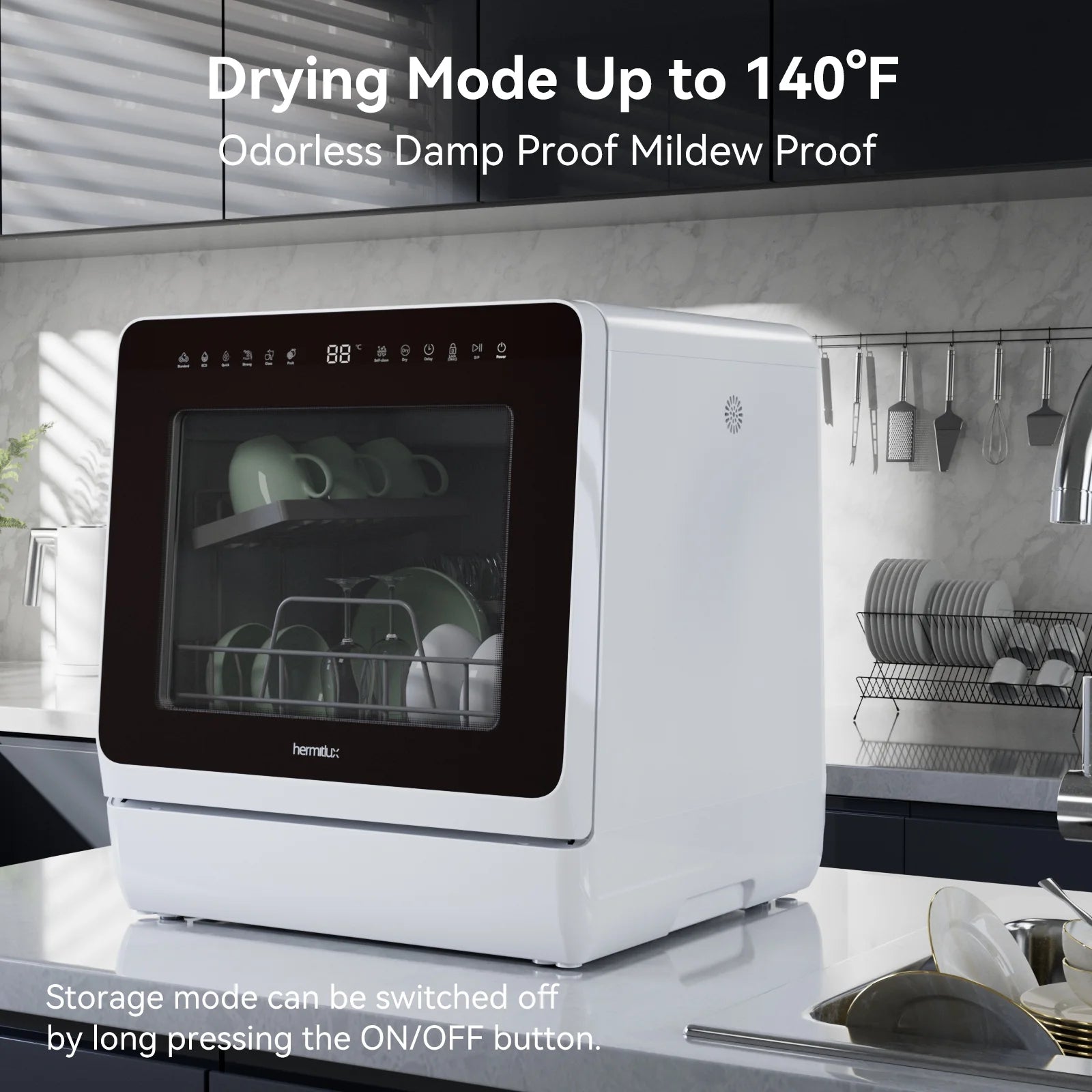 Hermitlux Portable Countertop Dishwasher, 5 Washing Programs, 5L Built-in Water Tank and Air-Dry Function, HMX-DW03