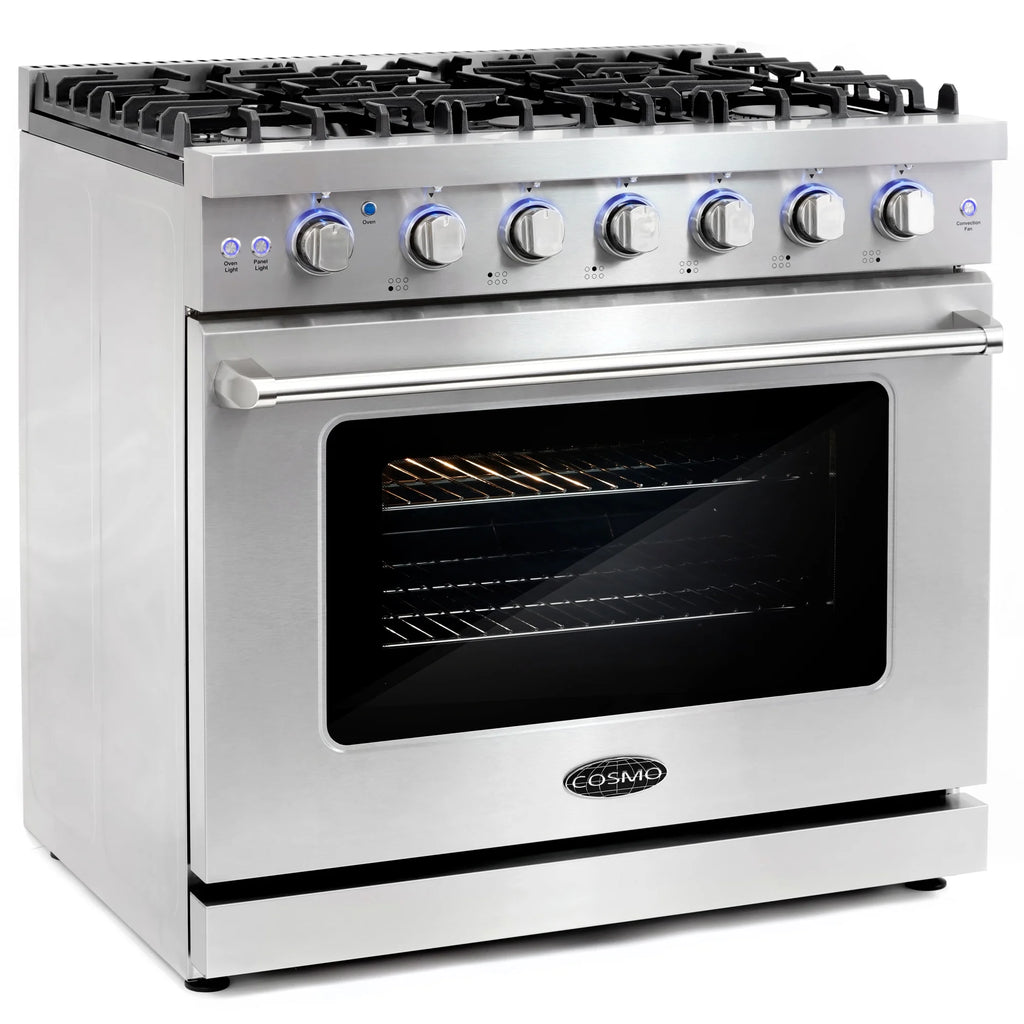 Cosmo 5 Piece Kitchen Appliance Package with 36" Freestanding Gas Range 36" Island Range Hood 24" Built-in Fully Integrated Dishwasher French Door Refrigerator & 48 Bottle Wine Refrigerator
