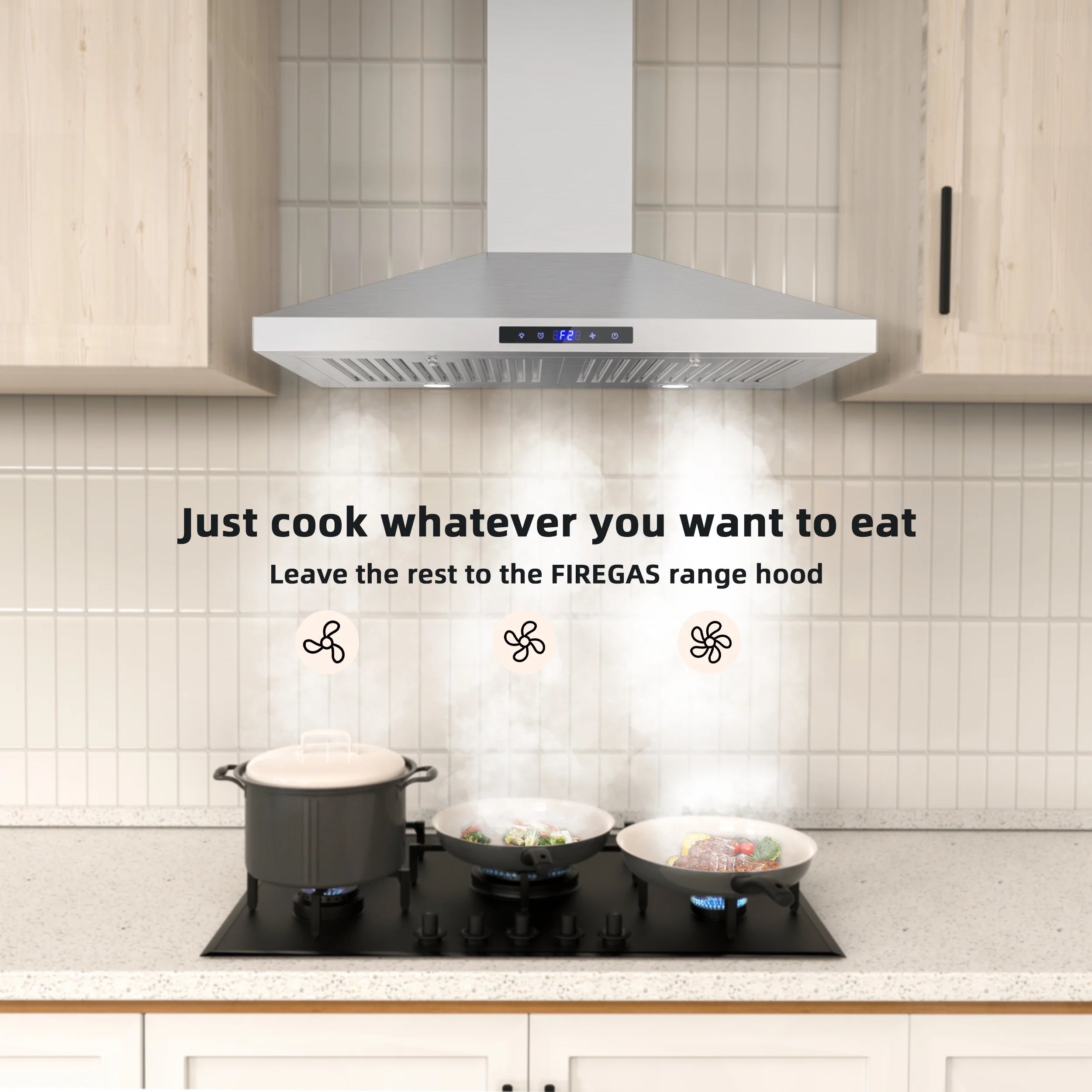 FIREGAS Range Hood 30 Inch, Stainless Steel Wall Mount Kitchen Hood with 3 Speed Exhaust Fan, Ducted/Ductless Convertible, Touch Control, Stove Vent Hood with 5-Layer Aluminium and Charcoal Filters