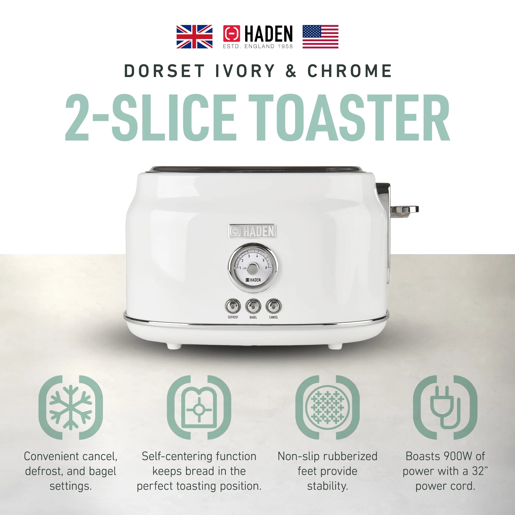Haden Dorset 2 Slice Wide Slot Stainless Steel Toaster, Cedar Green/Chrome