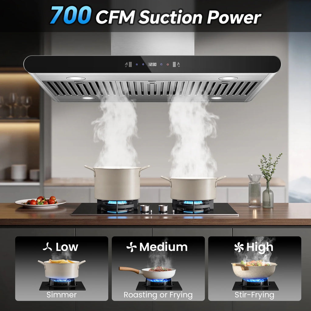 36" Island Range Hood 700CFM Stainless Steel with LED Lights, 3-Speed Touch Control & Delay Shutoff, Ducted/Ductless Convertible