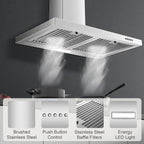 30-inch Wall Mount Range Hood 450CFM - Stainless Steel Kitchen Vent Hood, Ultra Quiet 55dB, Ducted/Ductless Convertible, 3-Speed + LED Light, Dishwasher-Safe Baffle Filters 120V