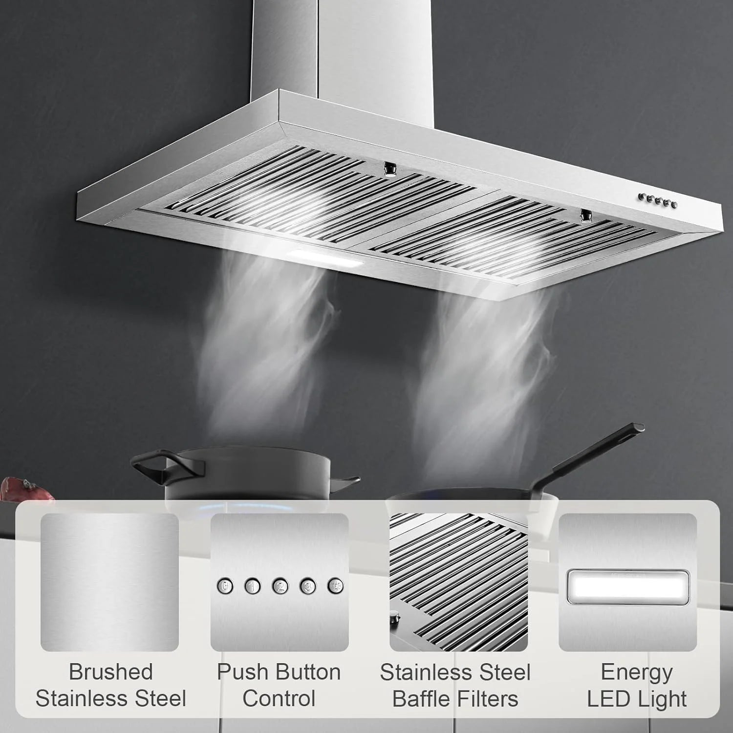 30-inch Wall Mount Range Hood 450CFM - Stainless Steel Kitchen Vent Hood, Ultra Quiet 55dB, Ducted/Ductless Convertible, 3-Speed + LED Light, Dishwasher-Safe Baffle Filters 120V