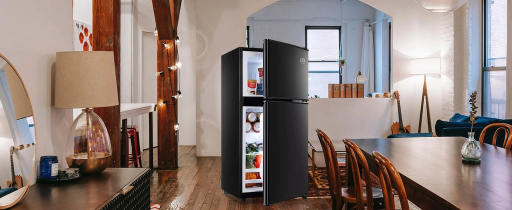 Harper & Bright Designs Double Door Mini Fridge with Freezer, 3.2 Cu.Ft Compact Refrigerator with Adjustable Shelf, Adjustable Thermostat and Reversible Door for Bedroom, Dorm, Home Office, White