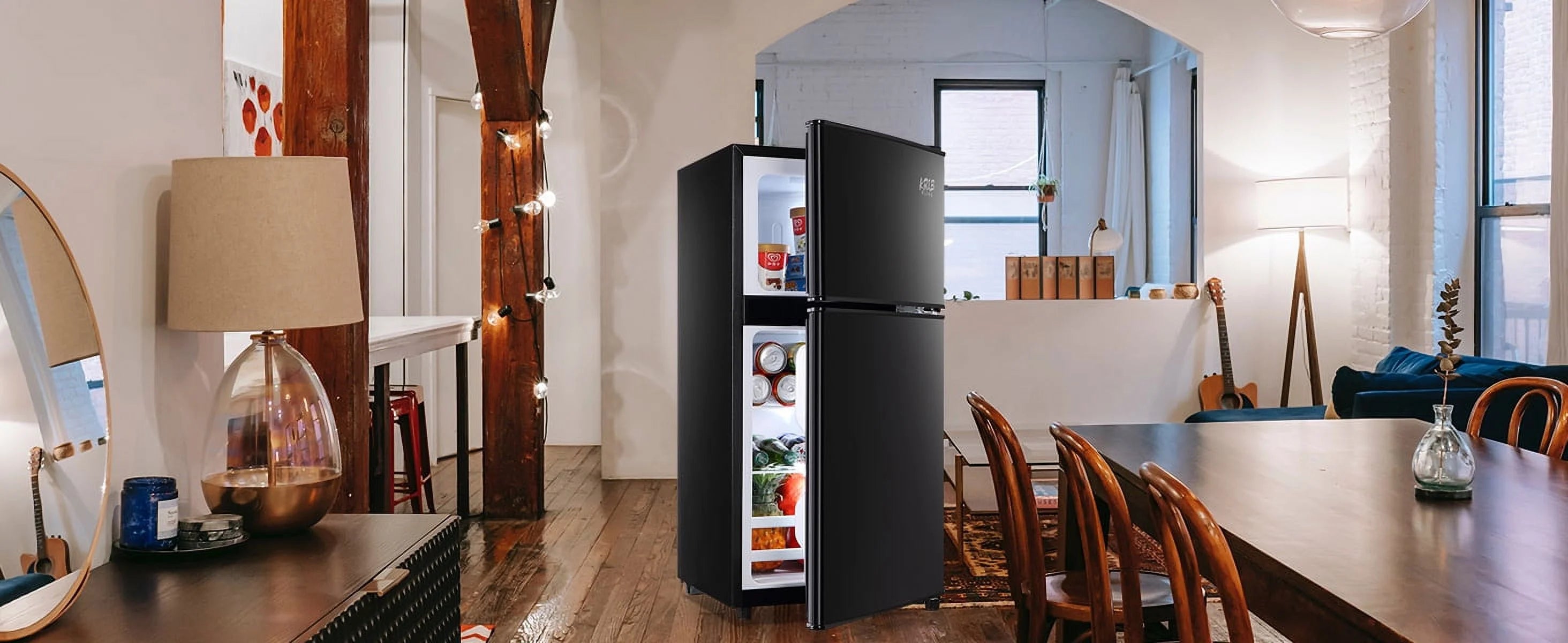 Harper & Bright Designs Double Door Mini Fridge with Freezer, 3.2 Cu.Ft Compact Refrigerator with Adjustable Shelf, Adjustable Thermostat and Reversible Door for Bedroom, Dorm, Home Office, White