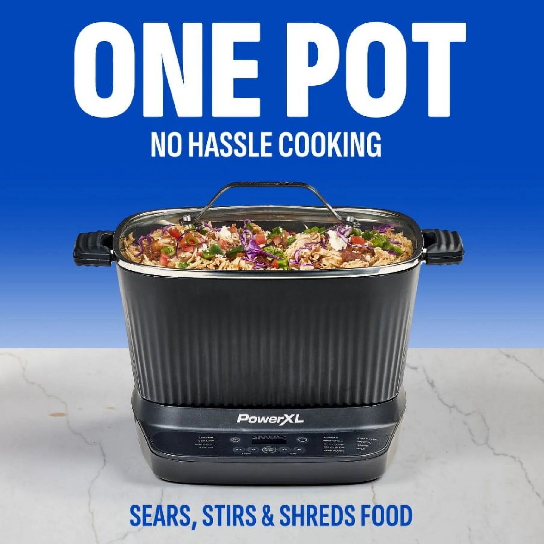Power XL StirMax 7.5 Qt Multi-Cooker with Auto Stir/Shred Paddle and 9 Presets, Matte Black
