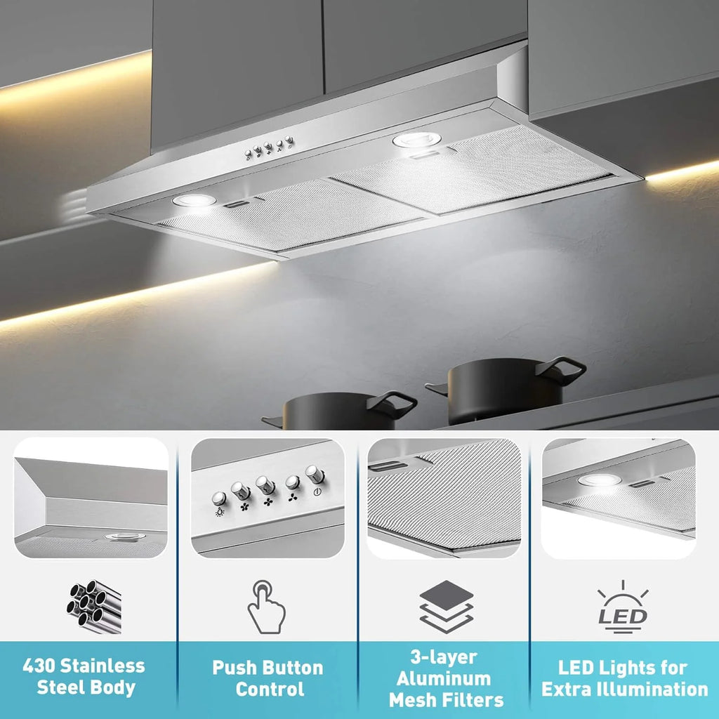 Under Cabinet Range Hood,Range Hood 30 inch Under Cabinet Stainless Steel Brushed,Ductless Range Hood Alterable to Ducted Ventilation,Stove Hood and Oven Vent Hood for Kitchen Cabinet
