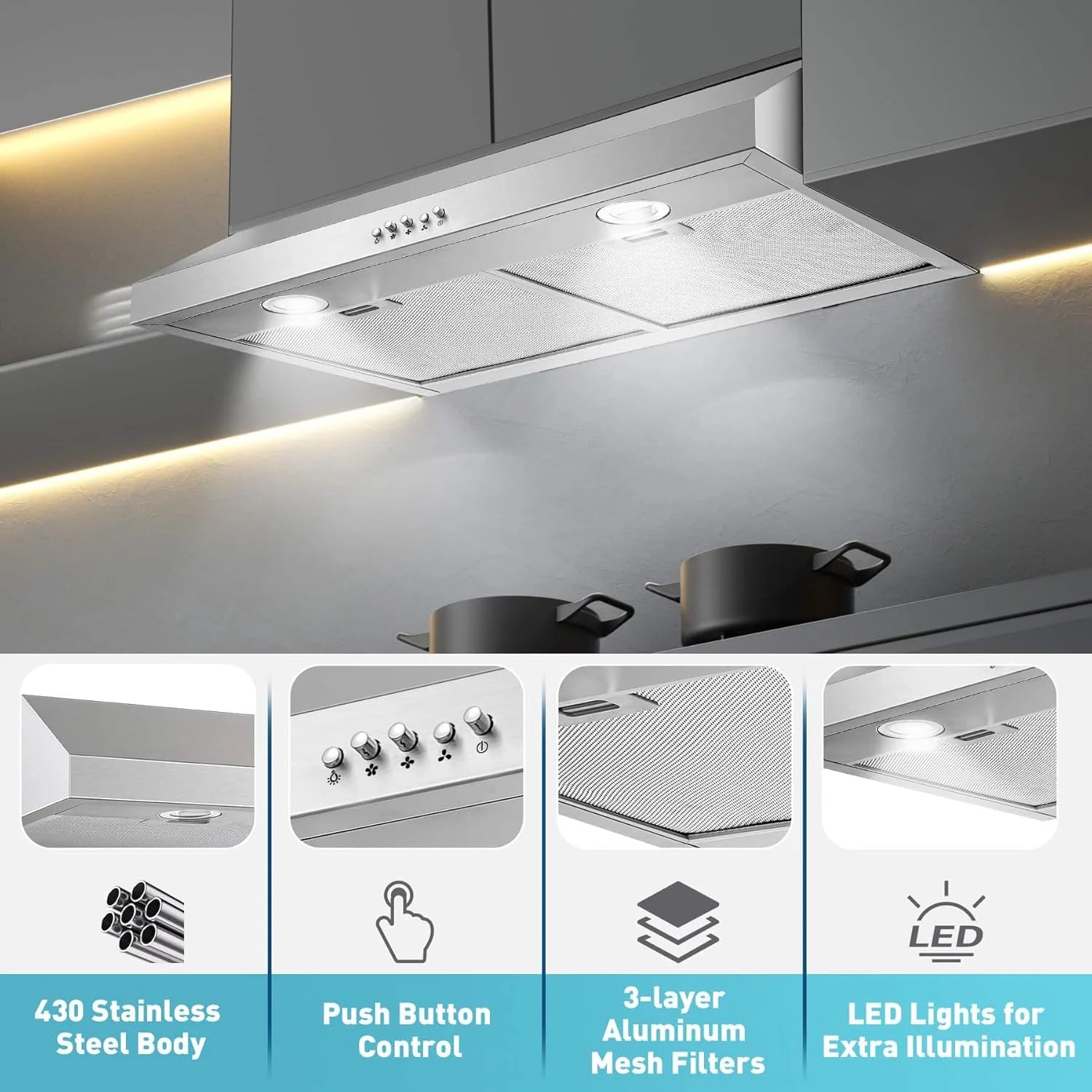Under Cabinet Range Hood,Range Hood 30 inch Under Cabinet Stainless Steel Brushed,Ductless Range Hood Alterable to Ducted Ventilation,Stove Hood and Oven Vent Hood for Kitchen Cabinet
