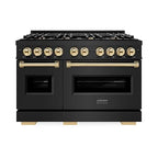 ZLINE Autograph Edition 48 in. 6.7 cu. ft. Classic Double Oven Gas Range with 8 Burner Cooktop in Black Stainless Steel and Polished Gold Accents (CGRBZ-48-G)