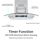 CIARRA Wall Mount Range Hood 30 inch with Tempered Glass 450 CFM Kitchen Vent Hood Ductless Ducted Convertible CAS50275