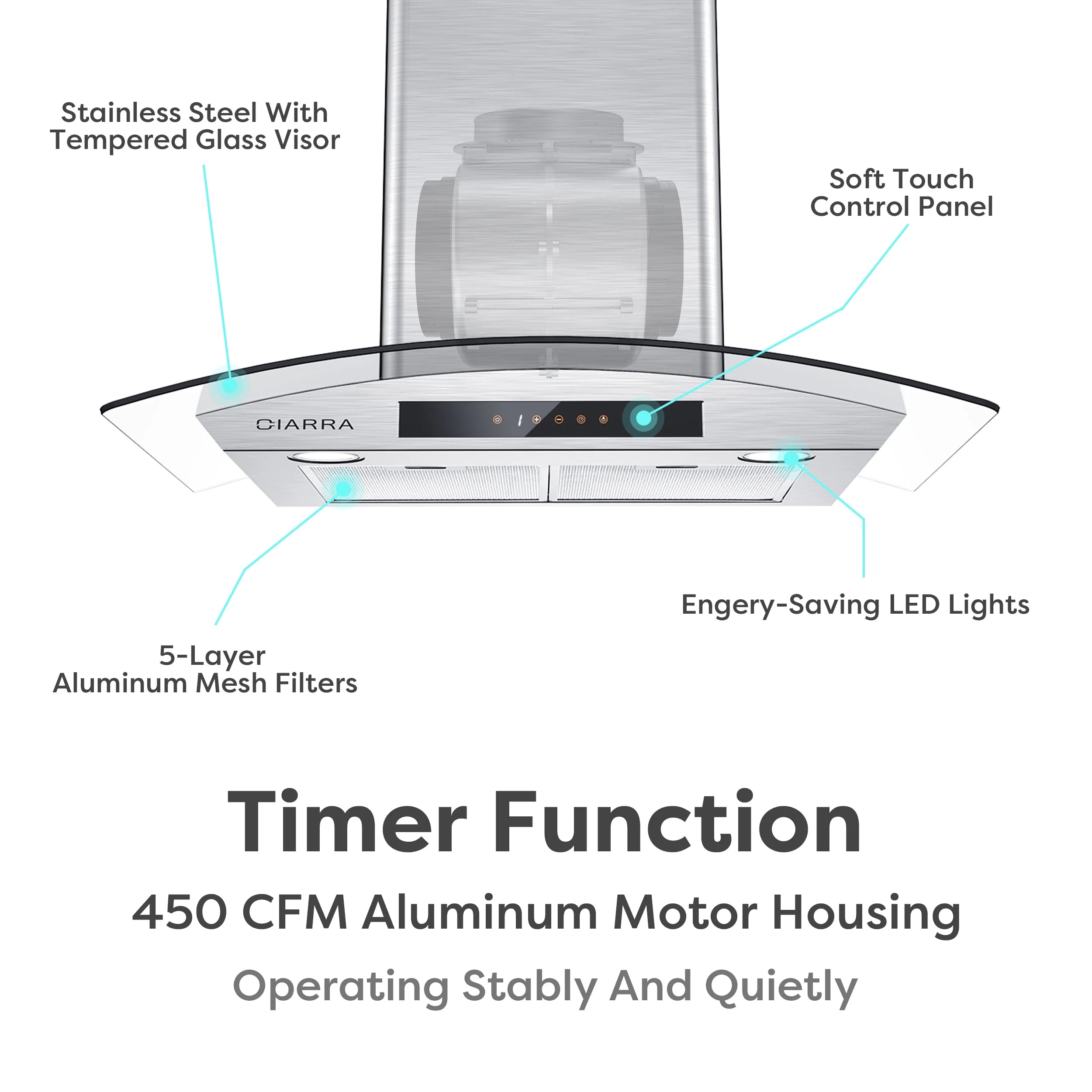 CIARRA Wall Mount Range Hood 30 inch with Tempered Glass 450 CFM Kitchen Vent Hood Ductless Ducted Convertible CAS50275