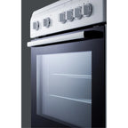 24" wide smooth top electric range in slide-in style and white finish, with storage drawer and large oven window in black glass