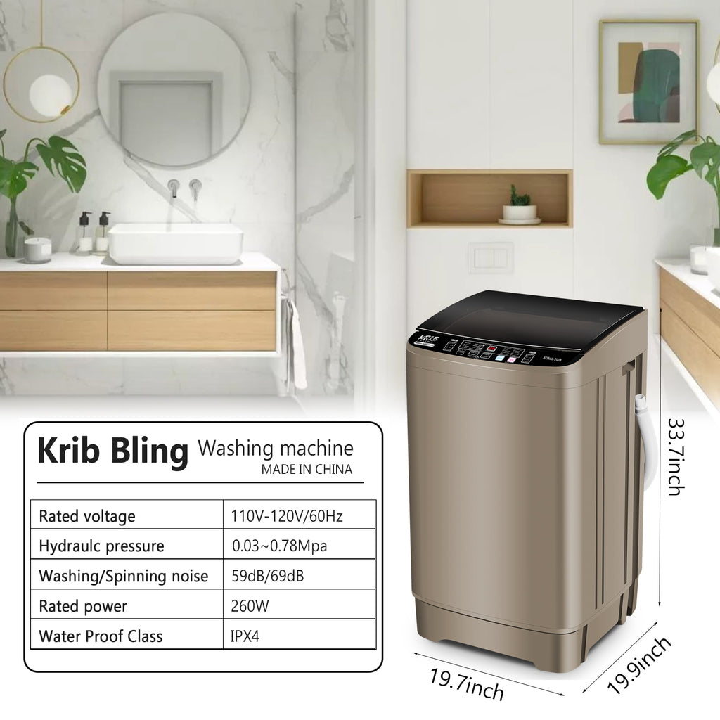 Krib Bling Full Automatic Washing Machine with LED Display, 17.7 lbs Portable Washer with Drain Pump, 10 Washing Programs & 8 Water Levels, Ideal for Camping, Apartment, Dorm, Grey