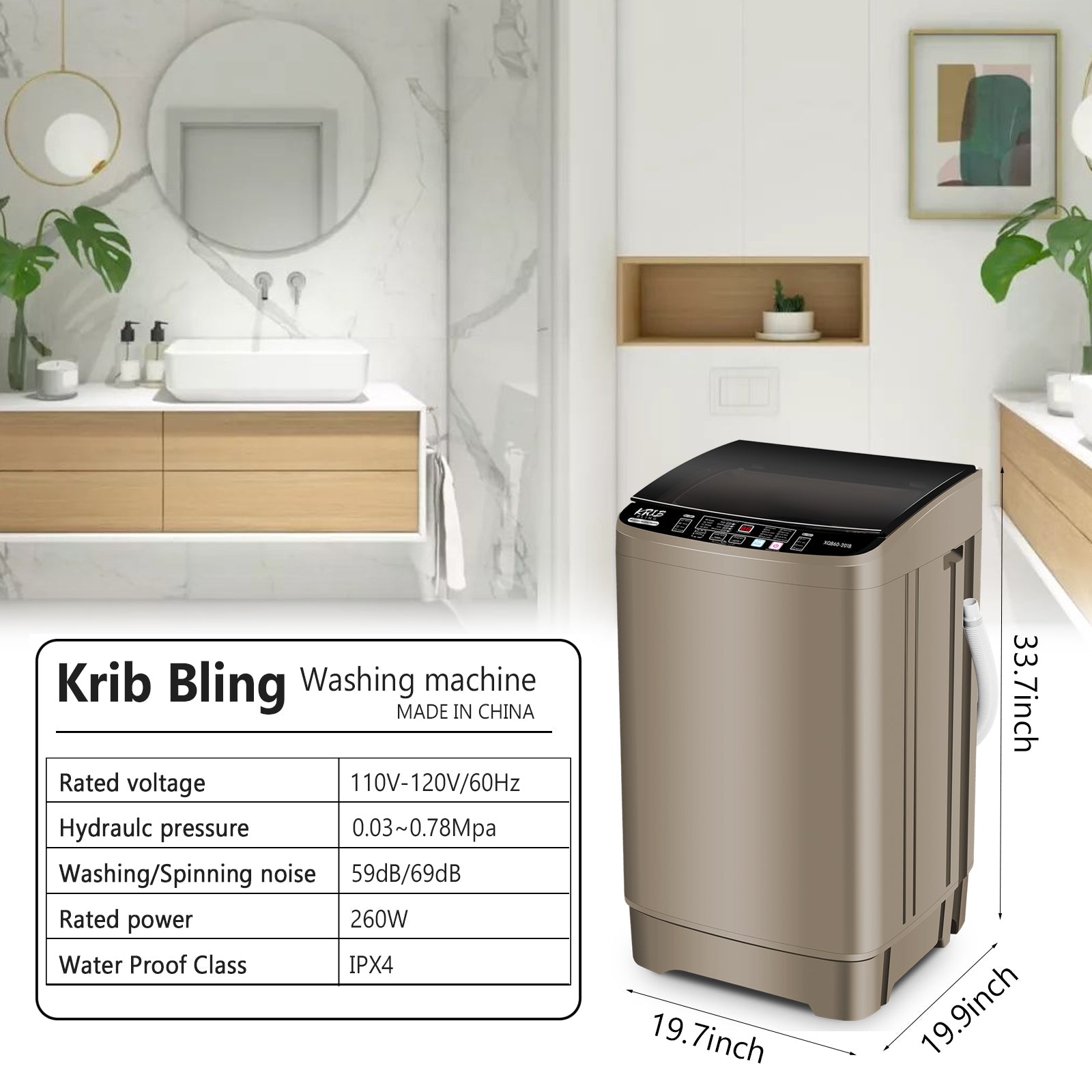 Krib Bling Full Automatic Washing Machine with LED Display, 17.7 lbs Portable Washer with Drain Pump, 10 Washing Programs & 8 Water Levels, Ideal for Camping, Apartment, Dorm, Grey