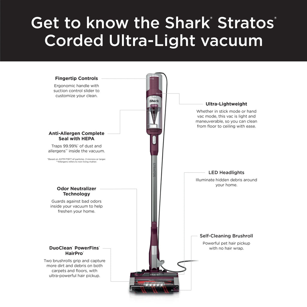 Shark Stratos? UltraLight Corded Stick Vacuum with DuoClean? PowerFins? HairPro?, Self-Cleaning Brushroll, and Odor Neutralizer Technology, HZ3000