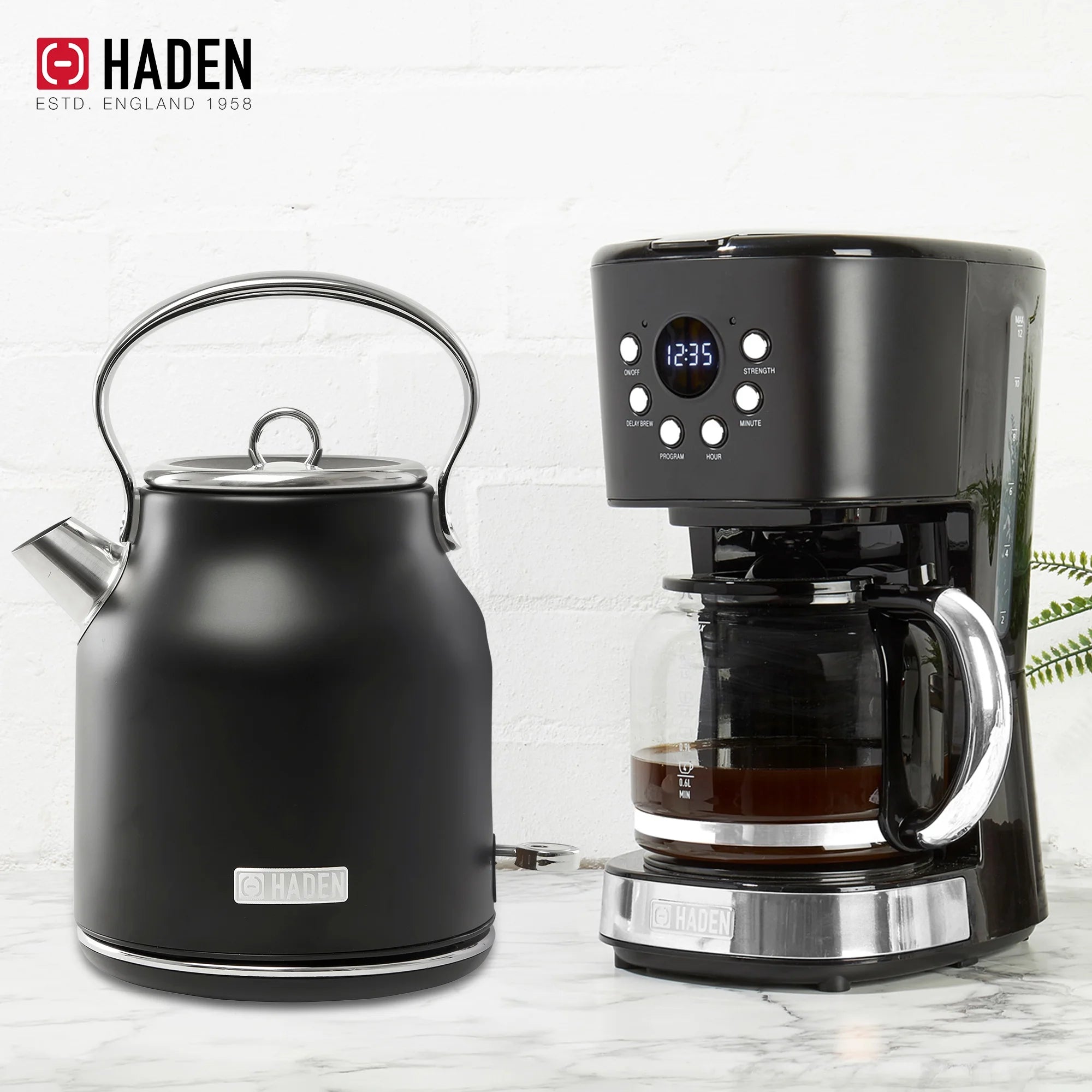 Haden Coffee Maker & Heritage 1.7 Liter Electric Kettle, Black & Chrome