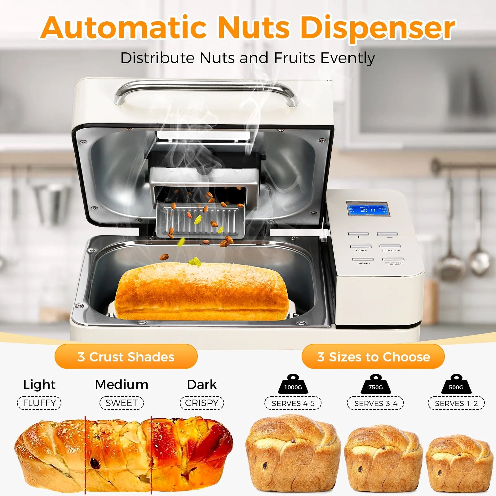 KBS 19-in-1 2LB Bread Maker Machine with Dual Heaters& Auto Nut Dispenser,Ceramic Pan with 2 kneading paddle,15 Hour delay timer&1 hour keep warm Model#013A