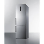 European counter depth bottom freezer refrigerator with stainless steel doors, platinum cabinet, factory installed icemaker, and digital controls for each section