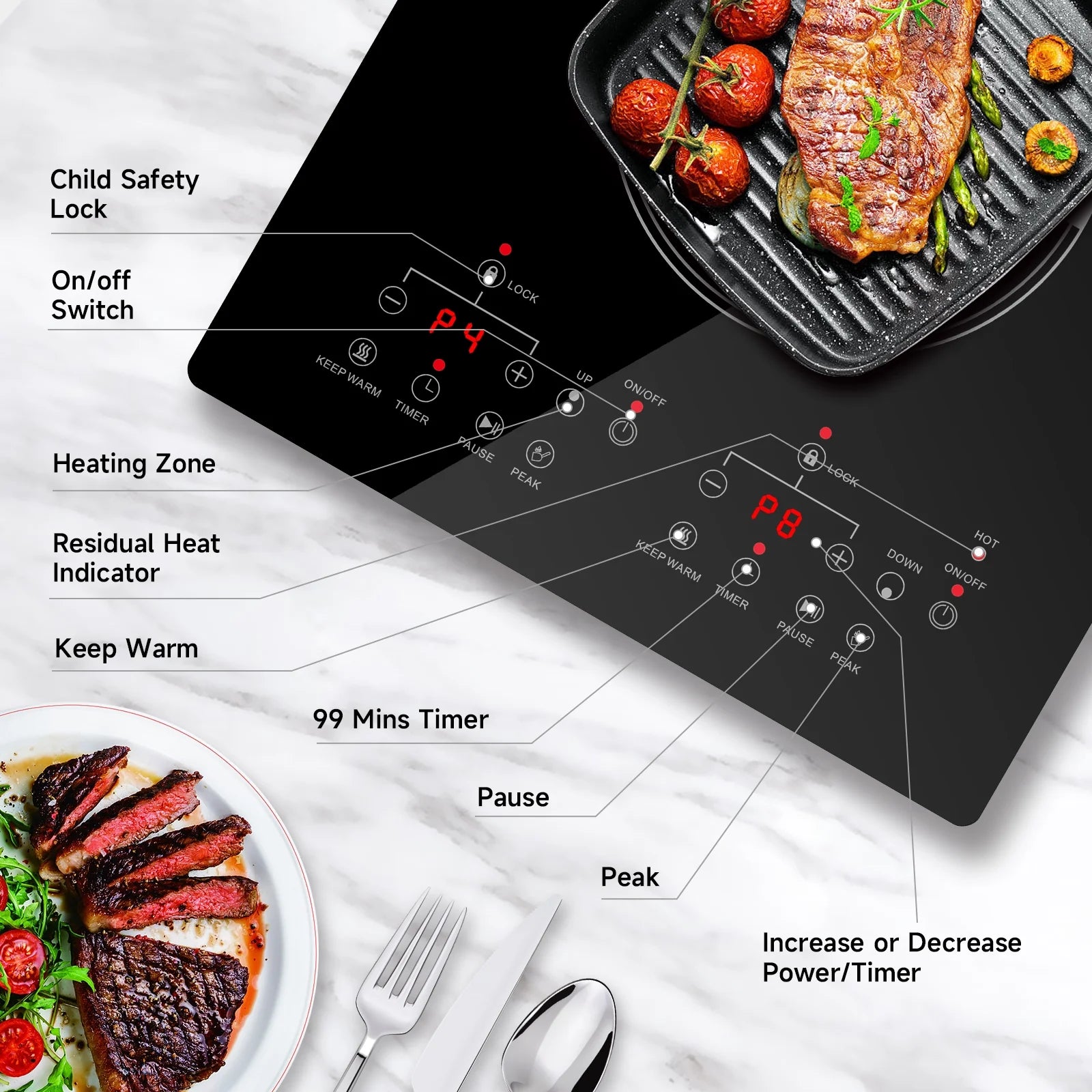 SizzleCook 2 Burner Electric Cooktop 110V Plug In, Countertop & Built-in Ceramic Stove Top, 12 inch Portable Infrared Double Burner Electric Stovetop with Outlet Plug, Child Safety Lock?