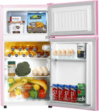 Kcpolre Pink Mini Fridge with Freezer 3.2 Cu.ft Refrigerators, Adjustable Glass Shelves, Quiet Dual Door Dorm Fridge for Bedroom, College, Office