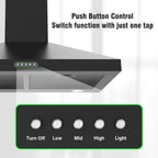 FIREGAS Wall Mount Range Hood 30 inch Black Vent Hood for Kitchen400 CFM with Ducted Convertible Ductless Kitchen Hood in Stainless Steel, 3-speed Whole-House Fan, LED Lights