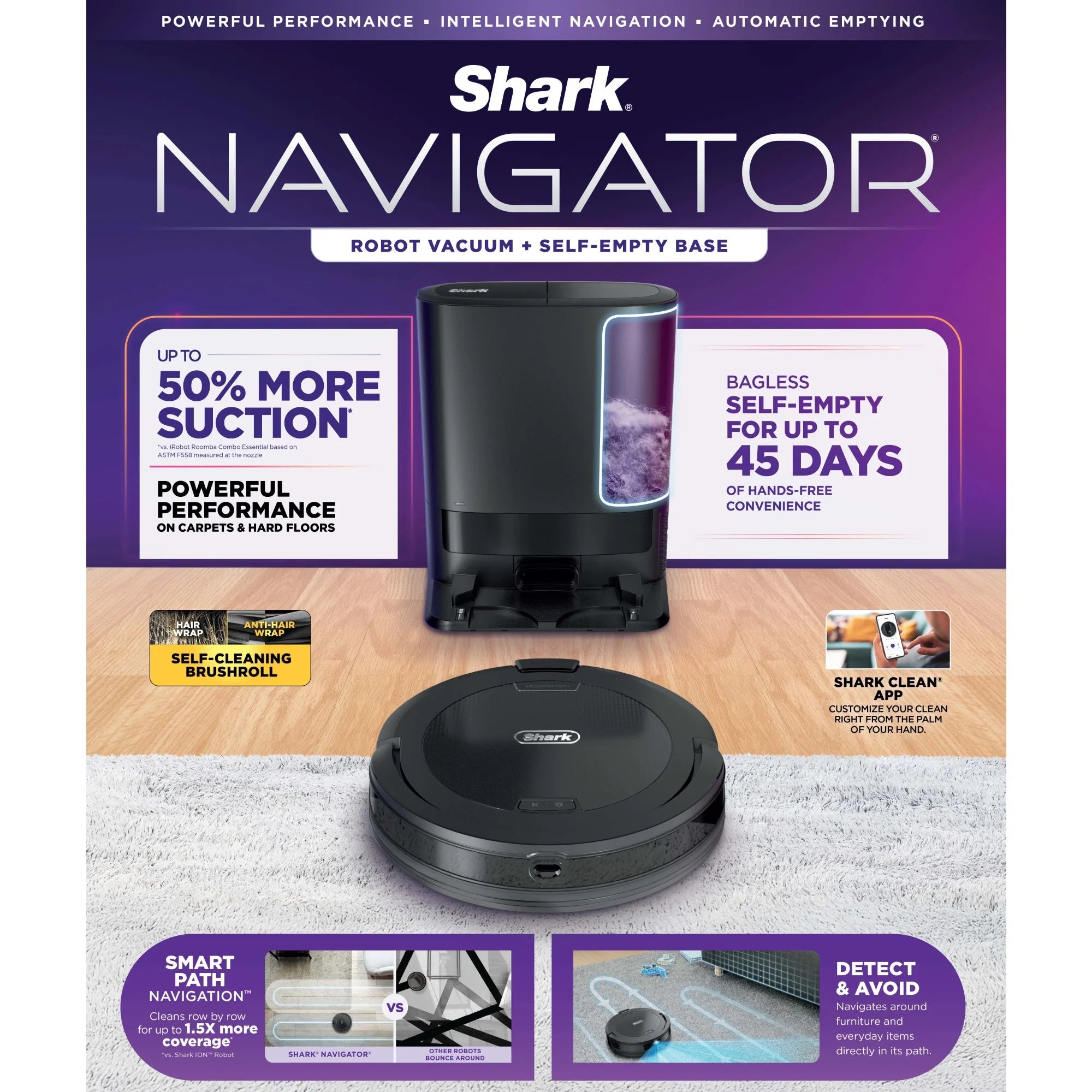 Shark Navigator Robot Vacuum and Self-Empty Base with Bagless, 45-Day Capacity Self-Empty Base and SmartPath Navigation, Black, RV2100AE