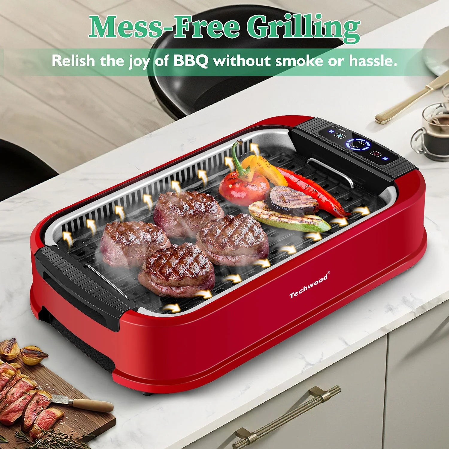 Techwood Indoor Smokeless Grill, 1500W, Black, Electric Portable Korean BBQ Grill with Tempered Glass Lid
