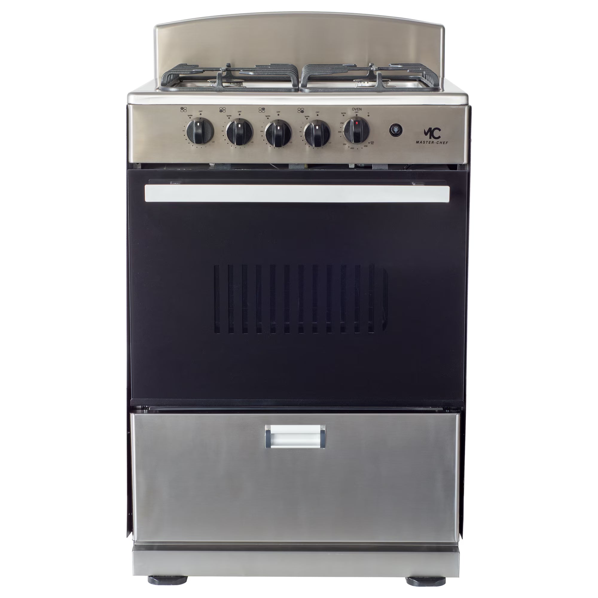 Master-Chef - 24" Stainless Steel B Gas Space Saver Range with 3.0 CFT Oven Capacity - Italian SABAF Sealed Burners, 1 Ultra-Fast and 3 Fast �?Easy to Clean, Iron Grates, and Cool Knobs CSA Certified